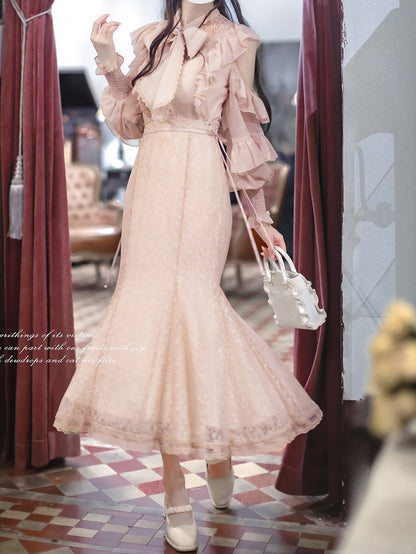 Elegant Jirai Kei Sakura Pink Blouse with Flounce Cutout Shoulders Clean & Pure Aesthetic