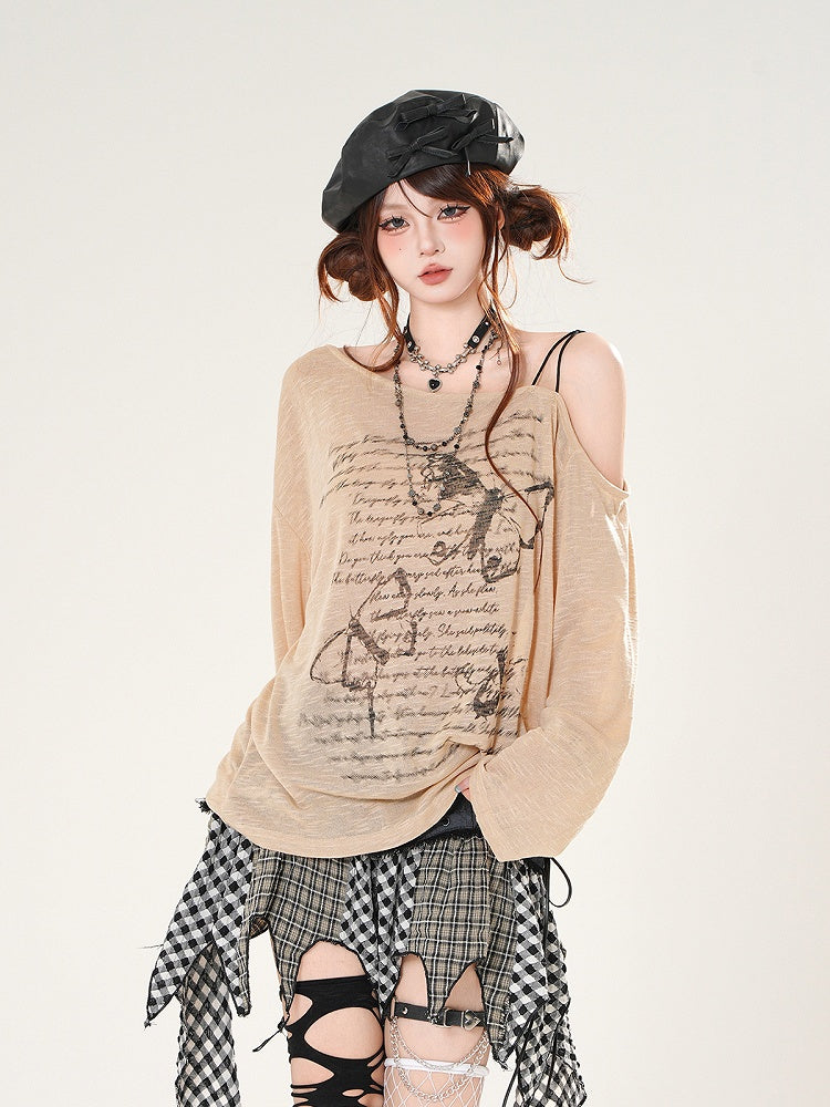 Butterfly Print Asymmetrical Neckline Khaki/White Semi-sheer Coverup