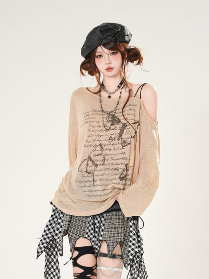 Butterfly Print Asymmetrical Neckline Khaki/White Semi-sheer Coverup