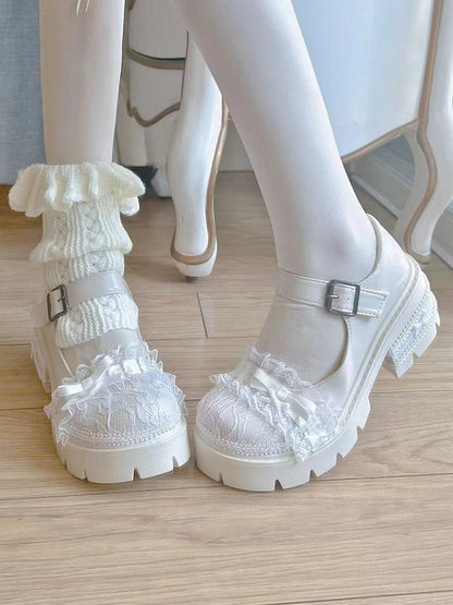 Lace Details Bow Accents Beige Platform Mary Janes