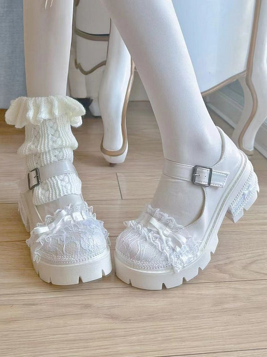 Lace Details Bow Accents Beige Platform Mary Janes