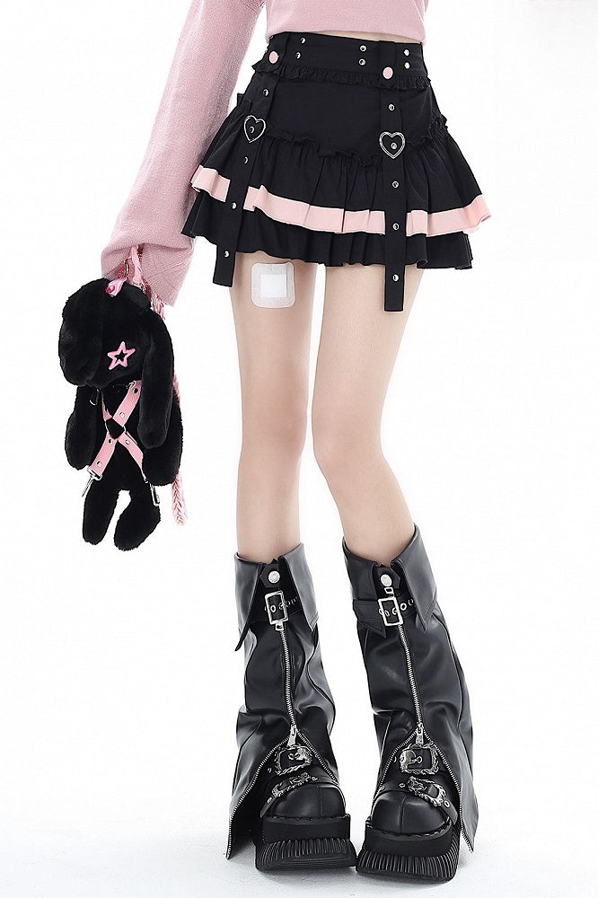 Black and Pink Tiered Ruffles Mini Skirt