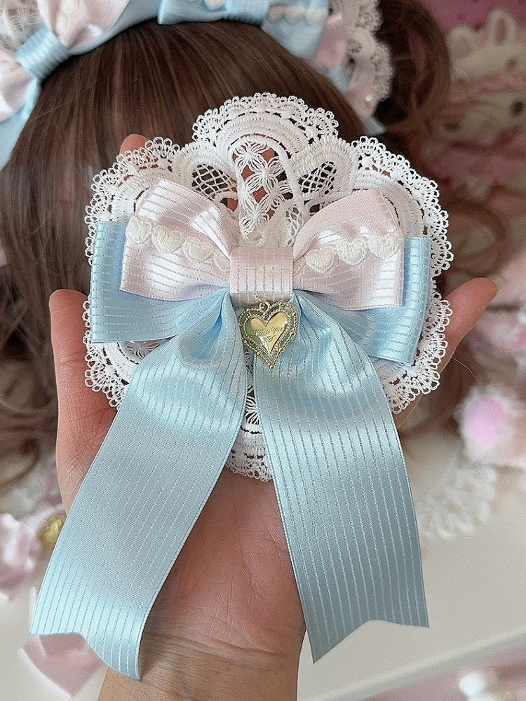 White&Blue Heart Charm Lace Detail Bowknot Hairclip