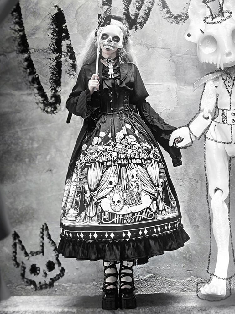 Plus Sizes Available Dark Gothic Lolita Full Set - Black Long Sleeves Shirt + Skirt + Corset Belt
