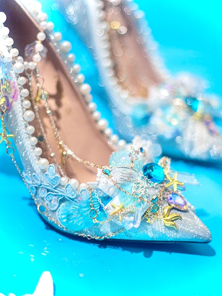 Silver Rhinestone And Beaded Decorated Conch Details Pointed Toe 7.5CM/10.5CM High Heels