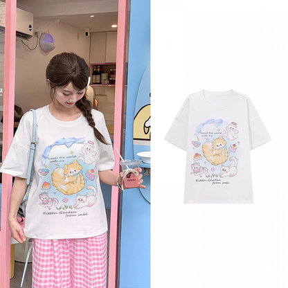 Adorable Cat Print White Round Neck T-shirt Long/Short Version