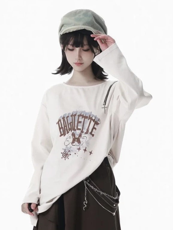 White Split-Hem Top with Cross Zipper Accent