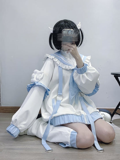 Tenshi Kaiwai White & Blue Sailor Collar Wings Design Jirai Kei Jacket/Leg Warmers