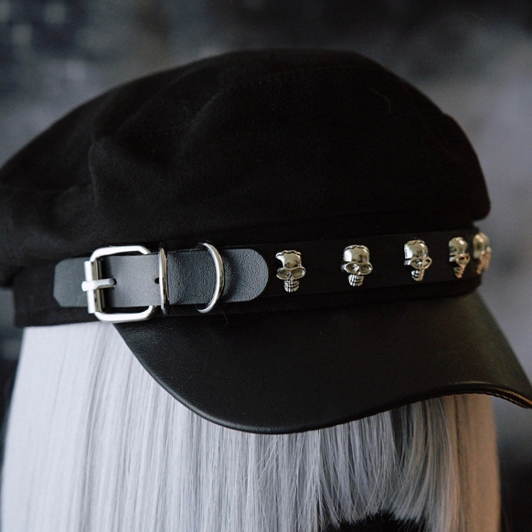 Black Gothic Skeleton Decorated Buckle Design Beret Hat