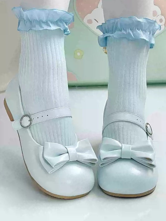 Round Toe Sweet Lolita Light Blue Low-heel Shoes with Circular Buckle & Delicate Bow
