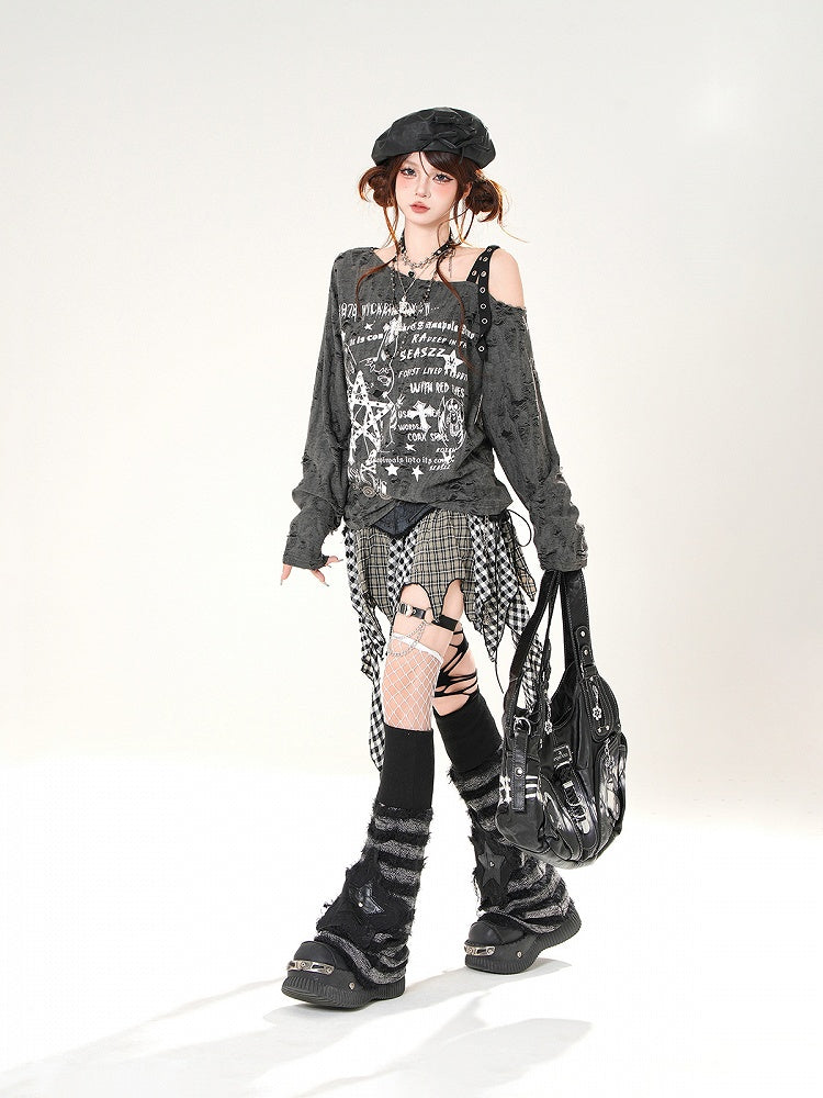 Asymmetrical Neckline Distressed Holes Black/White Graphic Coverup