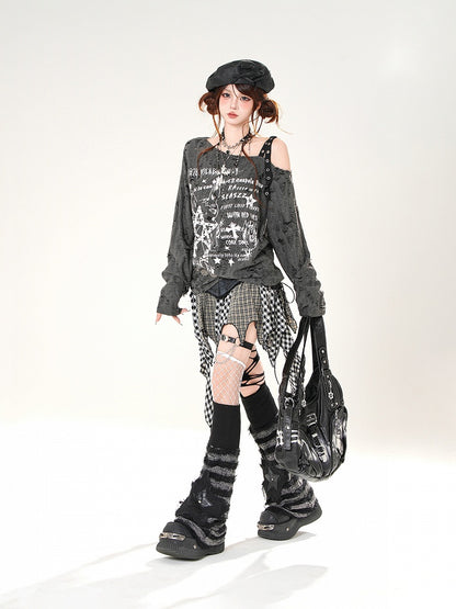 Asymmetrical Neckline Distressed Holes Black/White Graphic Coverup