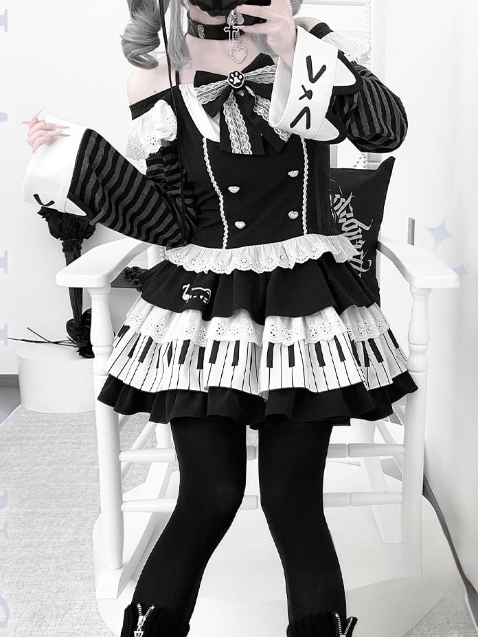 Black and White Flutter Sleeves Halter Top+ Piano Key Design Tiered Skirt + Striped Armwear Set