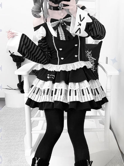 Black and White Flutter Sleeves Halter Top+ Piano Key Design Tiered Skirt + Striped Armwear Set