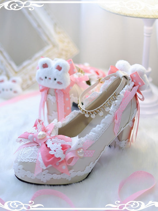 Pink Sweet Lolita Bow at Top Plush Bunny Decorated 8CM Block Heels Lolita Shoes