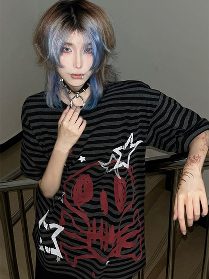 Black & Gray Stripe Pattern Skeleton Print T-shirt