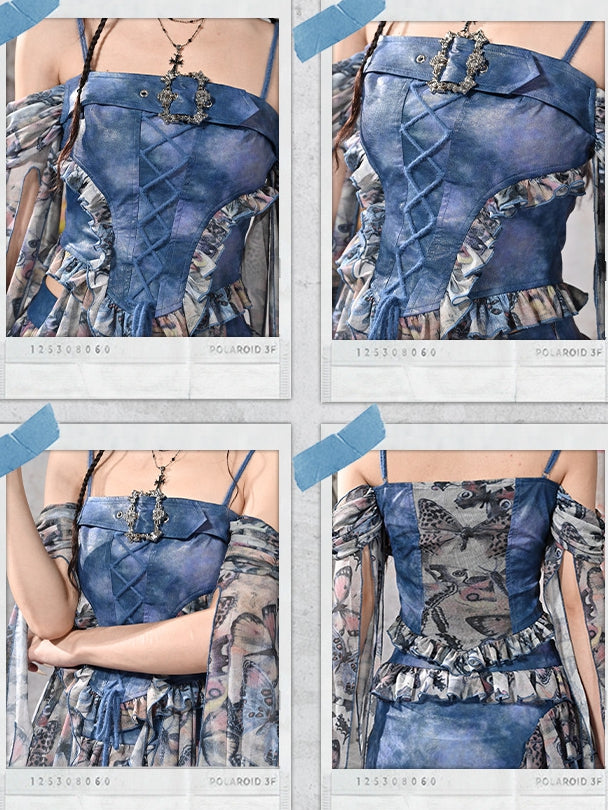 Grunge Punk Rock Fairycore Blue Butterflies Print Mesh Patchwork Design PU Top Flounce Hem