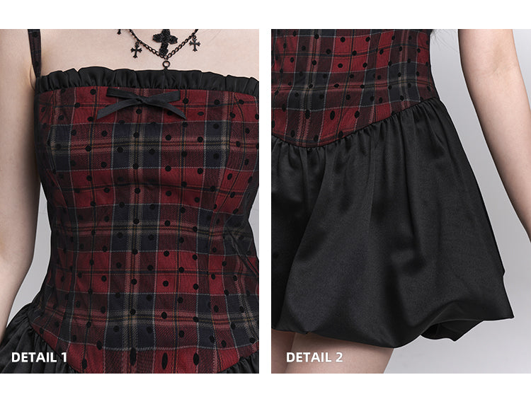 Red Plaid Basque Waist Mini Bubble Skirt Cami Dress