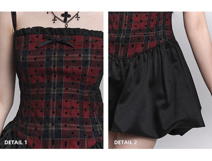 Red Plaid Basque Waist Mini Bubble Skirt Cami Dress