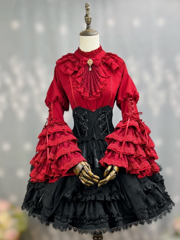 Red Ruffle Neckline Layered Bell Sleeves Kuro Gothic Lolita Shirt with Jabot Tie