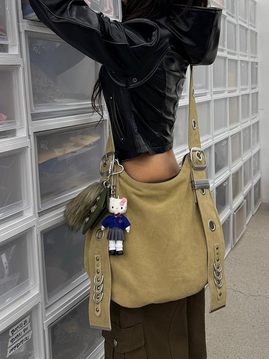 Chic Brown Punk Crescent Tote Bag With Adjustable Strap