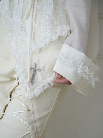 Lace-up Detail Beige Crosses Embroidery Chiffon Shirt Lace Trim