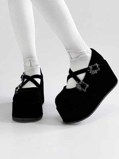 Velvet Black Gothic Crosscriss Design Platform Mary Janes With Detachable Buckles