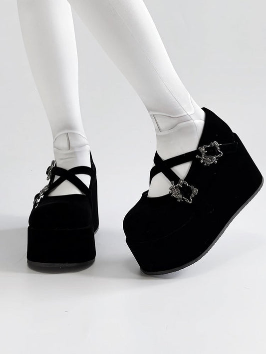 Velvet Black Gothic Crosscriss Design Platform Mary Janes With Detachable Buckles