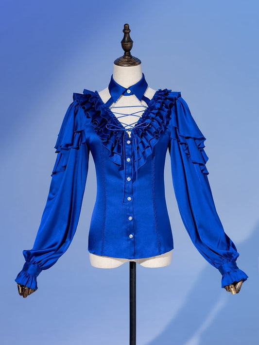 Deep Sea Blue Layered Ruffles V-neck Long Sleeves Shirt with Detachable Bead Chain Cutout Back