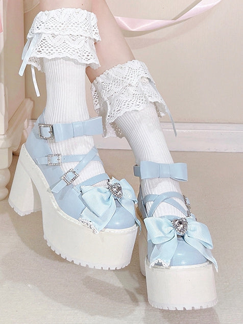 Blue Rhinestone Bowknot Jirai Kei Platform High Heels