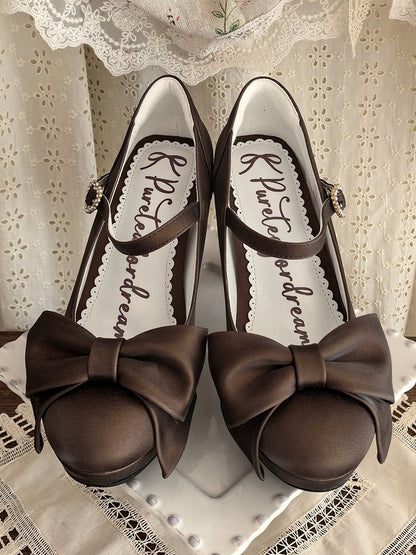 Brown PU Leather High-heel Shoes in Elegant Lolita with Rhinestone Heart Accent & Bow at Top