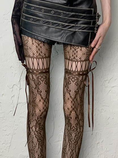 Coffee/Gray/Black/White/Purple/Blue Y2K Floral Pattern Self-tie Straps Cut-out Design Tights