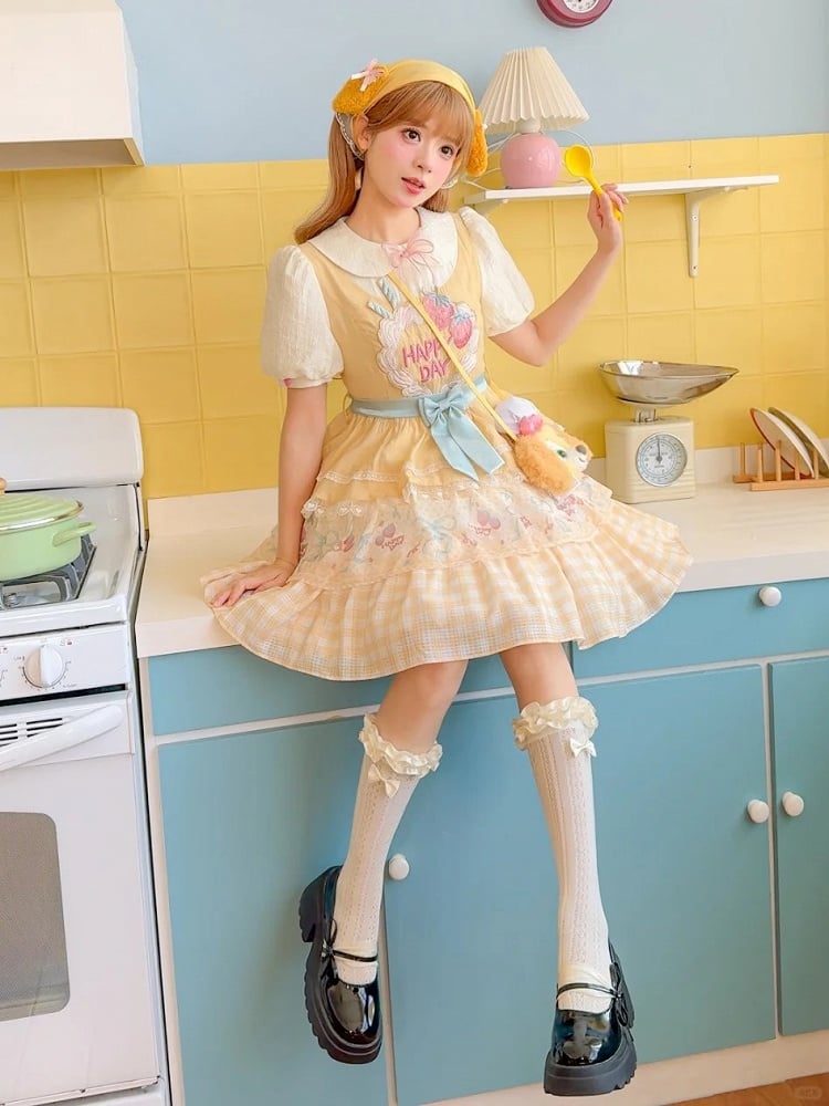 Strawberry Cake Embroidery Big Bow Creamy Yellow Tiered Skirt Sweet Lolita Dress