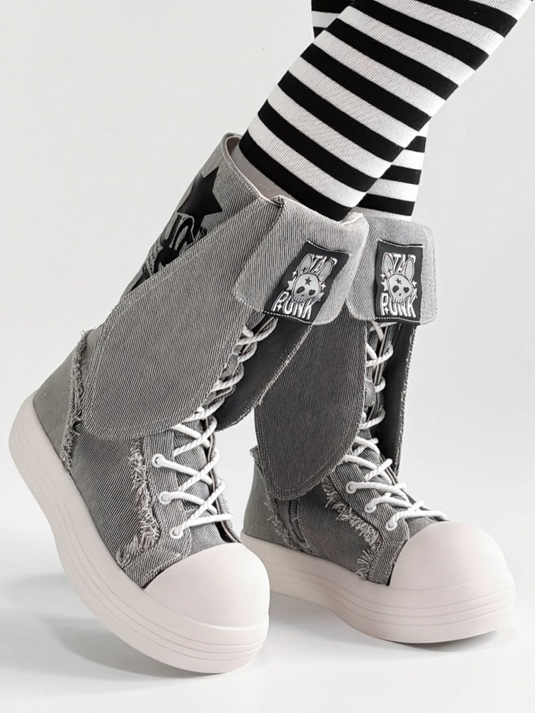 Bunny Ear Details, Raw Hem & Secure Fastening Gray Mid-Calf Boots in Punk Style