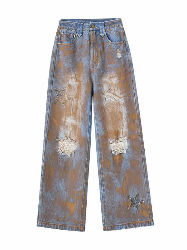Wasteland Punk Blue Tie Dye Straight Leg Jeans Distressed Holes