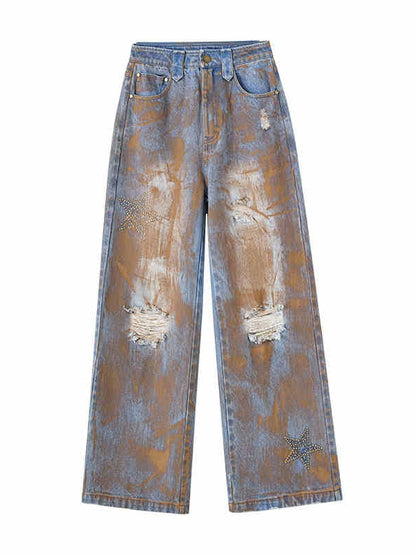 Wasteland Punk Blue Tie Dye Straight Leg Jeans Distressed Holes