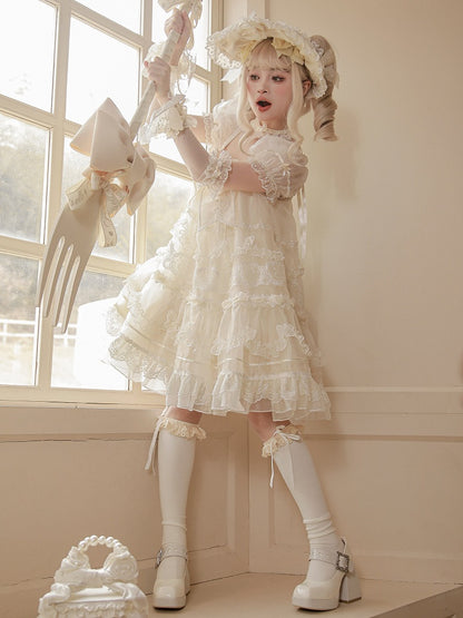 Embroidered Big Bow Neckline Creamy White Short Puff Sleeves Lolita Dress