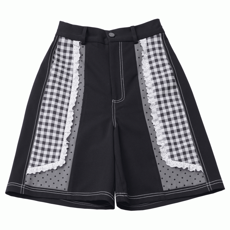 Black and White Plaid Patchwork Lace Trim Wide-leg Shorts