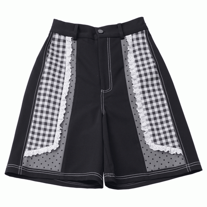 Black and White Plaid Patchwork Lace Trim Wide-leg Shorts