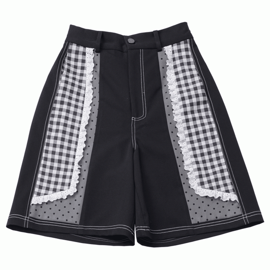Black and White Plaid Patchwork Lace Trim Wide-leg Shorts