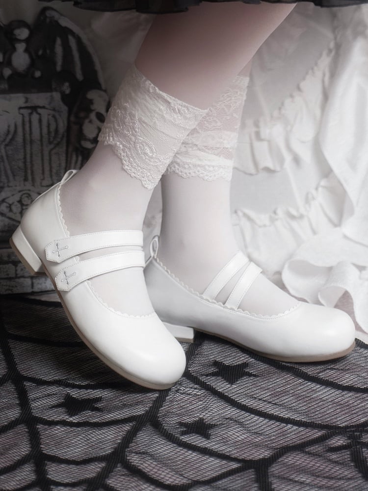 White Gothic Cross Embroidery Velcro Strap Closures Round Toe Flats