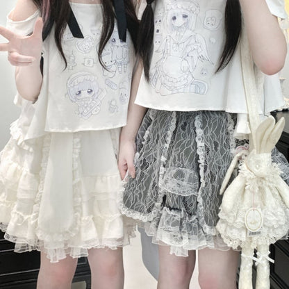 Bunny Ears Design Black/White/Pink Double-Layered Jirai Kei Lace Skirt