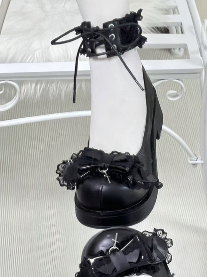 Jirai Kei Landmine Style Mary Janes: Black PU with Top Bow, Dangling Cross & Ankle Lacing
