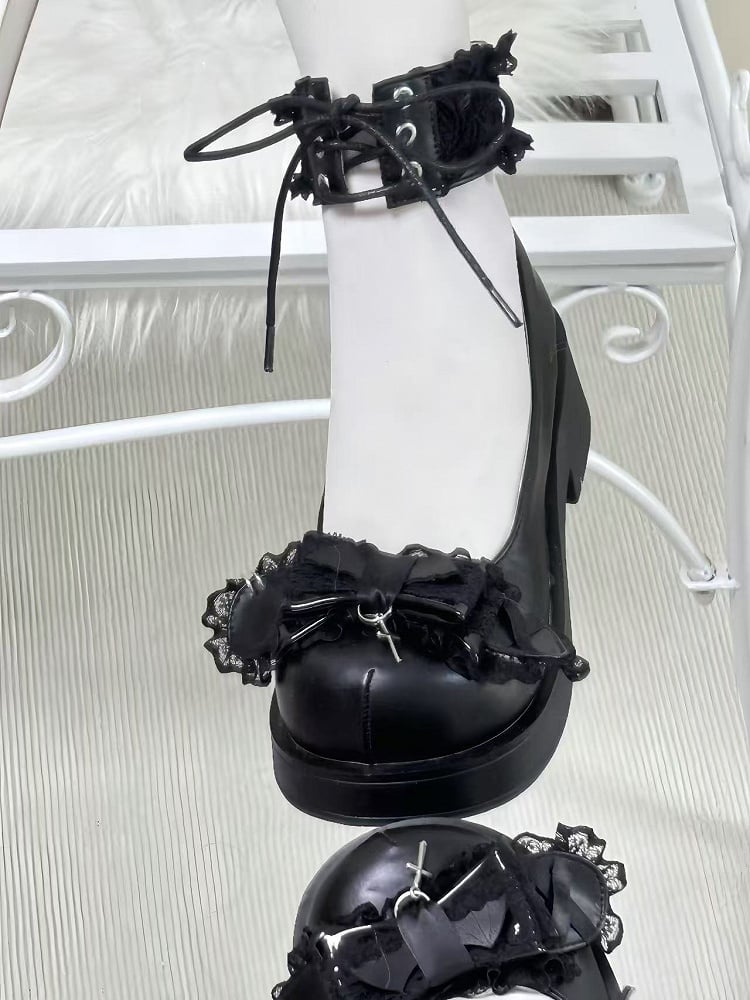 Jirai Kei Landmine Style Mary Janes: Black PU with Top Bow, Dangling Cross & Ankle Lacing