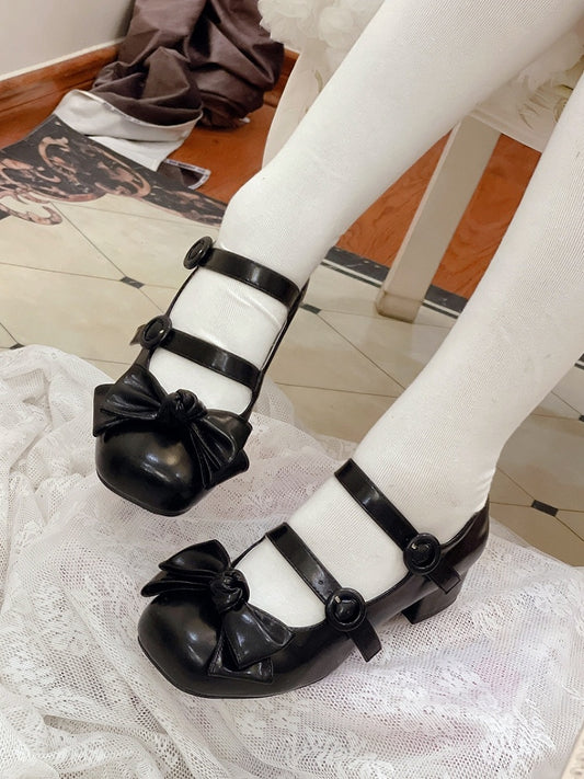 Bow Accents Sweet Black Buckle Straps Shoes Princess Low Heels