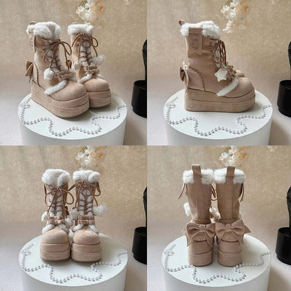 Light Brown Sweet Lolita Platform Boots with Cozy Fleece Lining, Lace-up Closure & Bow Details