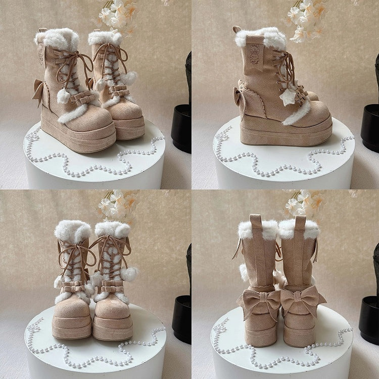 Light Brown Sweet Lolita Platform Boots with Cozy Fleece Lining, Lace-up Closure & Bow Details