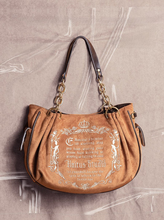 Vintage Brown Gothic Lettering Embroidered Tote Bag with Large Capacity