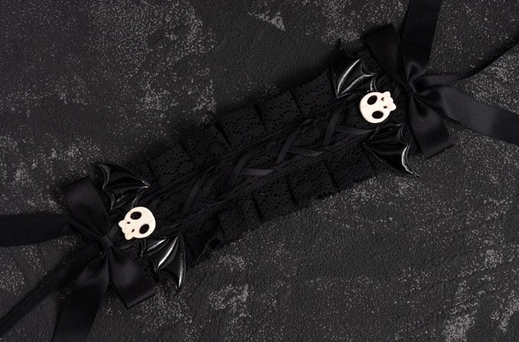Handmade Skulls Ruffled Lace Black Gothic Hairband