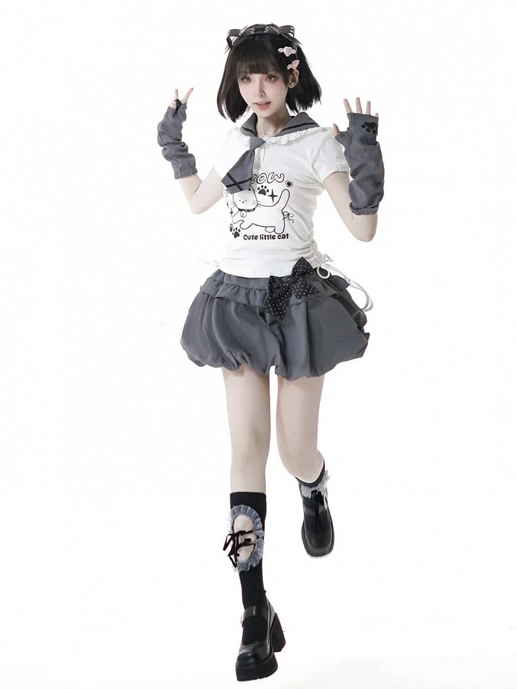 Kitty Ears Design Sailor Collar White Drawstring Side T-shirt with Free Armwear